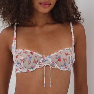 For Love & Lemons Lottie White Floral Print Mesh Unlined Underwire Bra